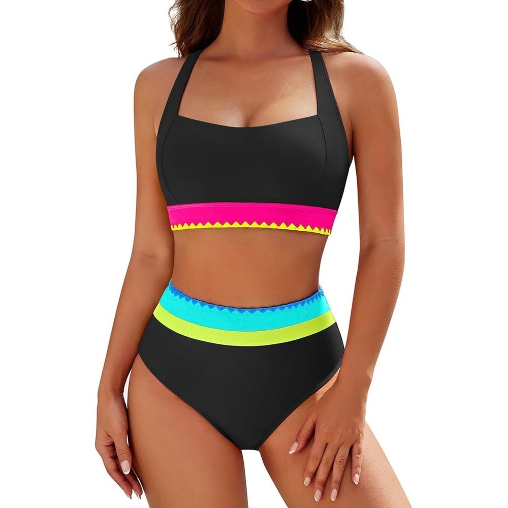 Blooming Jelly Bikini Set Medium Black Neon Color Block High Waisted Swimsuit NW